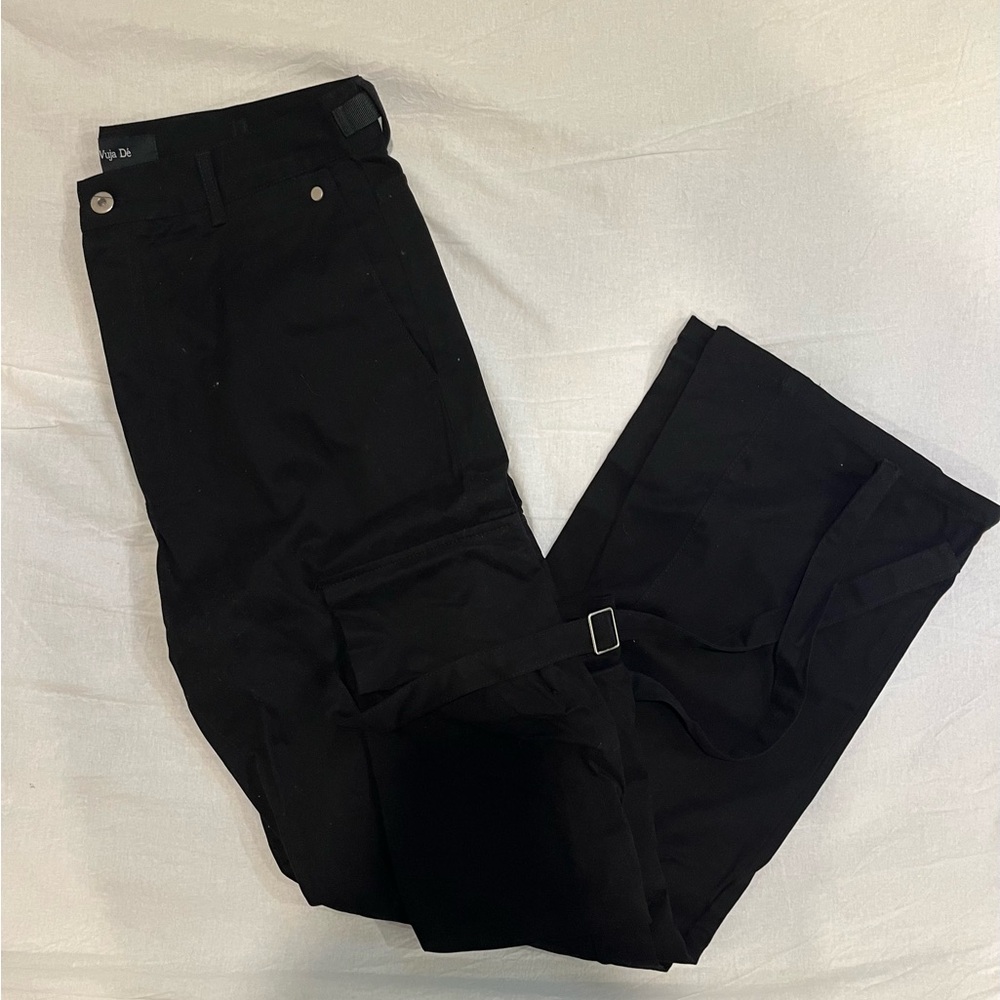 Black cargo pants with adjustable waist and belt